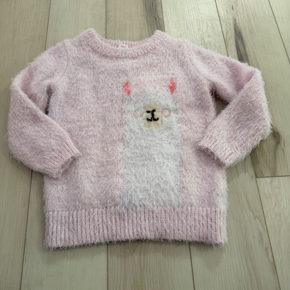 Cat & Jack Toddler Girl Pink Fuzzy Alpaca Llama Knit Sweater Size 3T